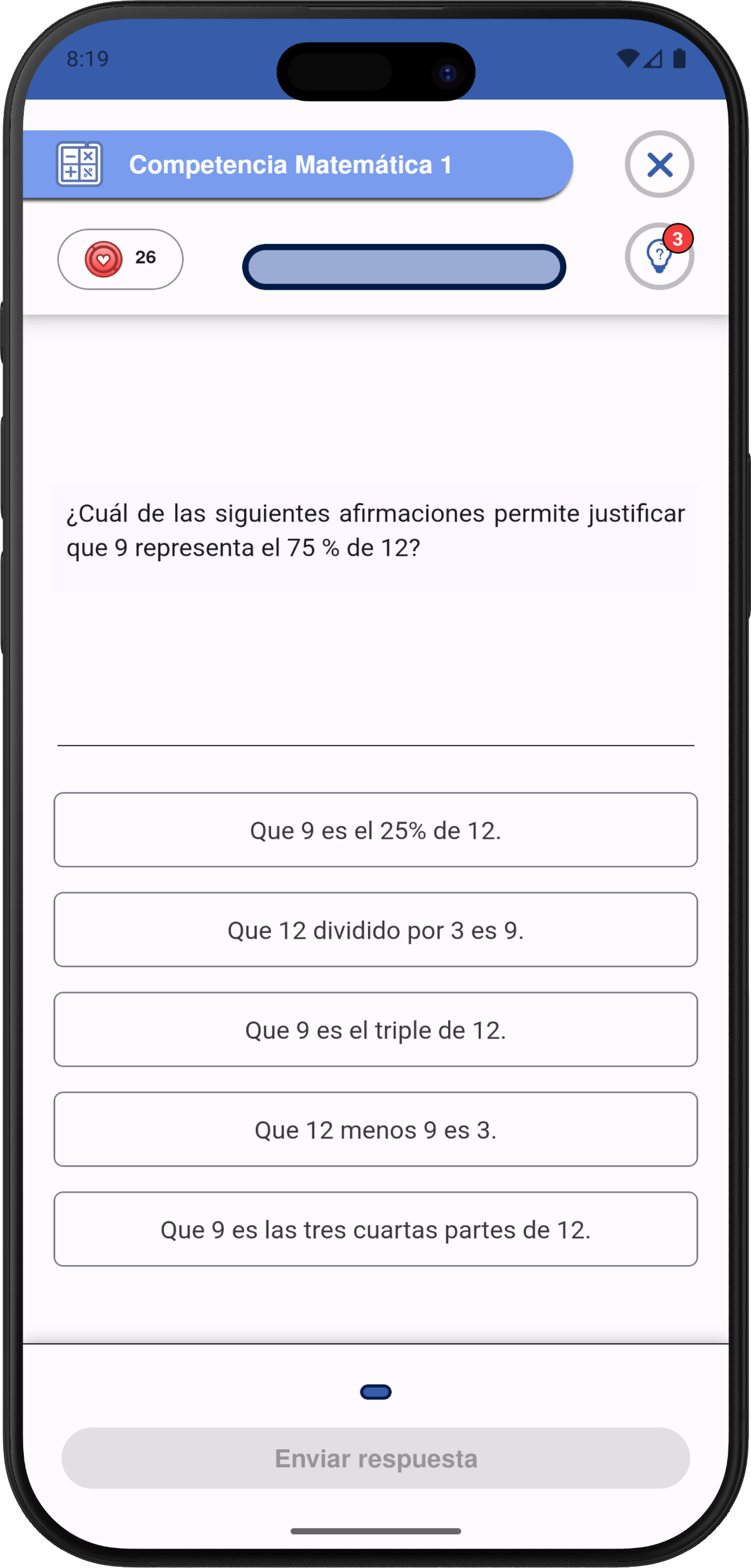 Pantalla de partida en PreuApp con preguntas PAES de matemática